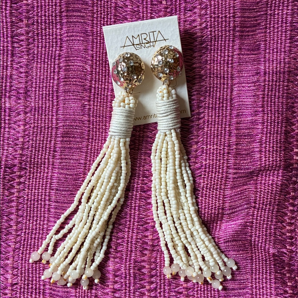 Amrita Singh Silver and White Beaded Tassel Earrings